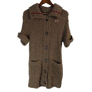 Hollister Womens XS Brown Long Chunky Knit Cardigan Sweater Wool Blend